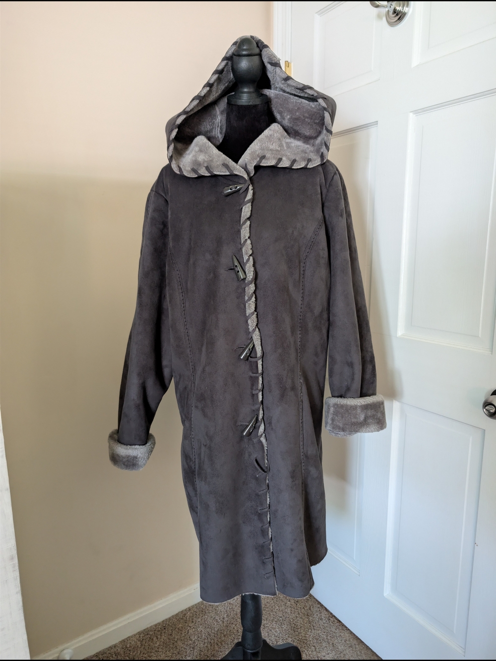 Coldwater Creek Faux Suede Shearling Hooded Coat Grey XL 18 Toggle Boho